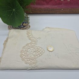 Antique 1910s Embroidery Project Panel, Monogram MA and Handmade Crochet Lace, Fine Cotton Linen, 90x170cm