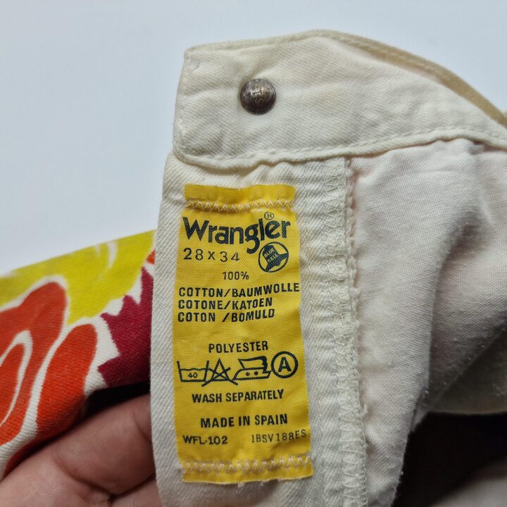 Vintage Wrangler Floral Trousers Made in Spain Blue Bell 1970s Psychedelic Print Cotton Pants