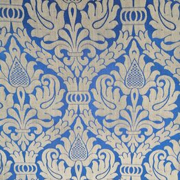 Antiek Zijde Jacquard Paneel, Kerkelijk Damast Brokaat 120x35 cm, 19e-Eeuws Kerktextiel, Liturgisch Goud Blauw Gordijnfragment