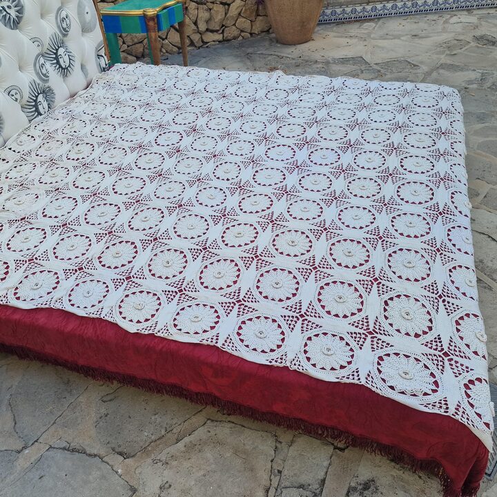 Copriletto Uncinetto Coperta Pizzo, Copertura Cotone Mercerizzato Fatto a Mano con Medaglioni, Stile Vintage Pesante, 180x220 cm
