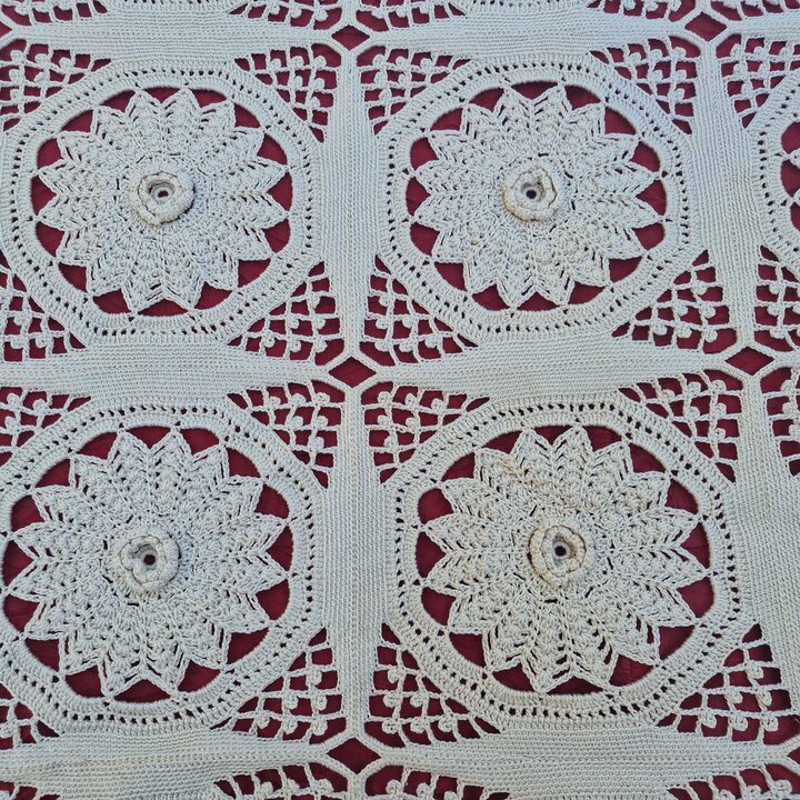 Copriletto Uncinetto Coperta Pizzo, Copertura Cotone Mercerizzato Fatto a Mano con Medaglioni, Stile Vintage Pesante, 180x220 cm
