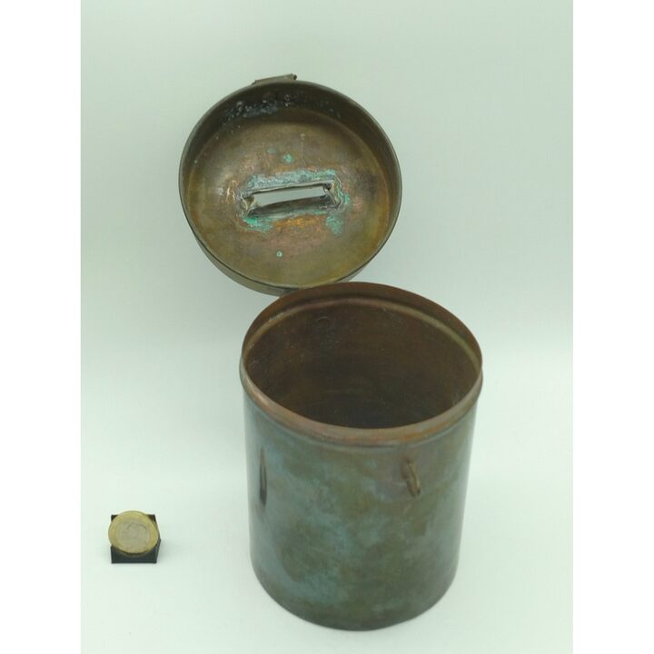 Almosenbecher Spardose aus Metall mit Trichterdeckel und Schloss, Charity Sammlerbox der 1970er Jahre, Vintage Münzsammler