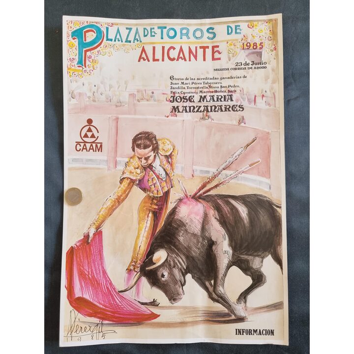 Cartel litografía taurina vintage Plaza de Toros de Alicante por Pérezgil, José María Manzanares Corrida, 1985, 43x29 cm