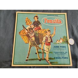 1963 Ponsita Sinaasappel Etiket, Vintage Valencia Lithografie, Juan Pons Tabernes de Valldigna
