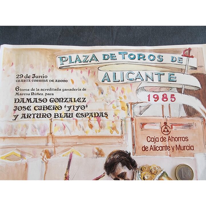 Affiche Originale de Corrida Espagne Plaza de Toros de Alicante 1985, Illustration de Peregil, Souvenirs de Jose Cubero Yiyo