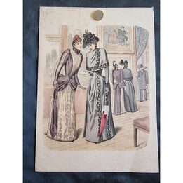 Litografía de Moda Francesa Antigua, Grabado de Belle Epoque de J Deferneville Iluminado a Mano, Lámina de Damas en Galería de…