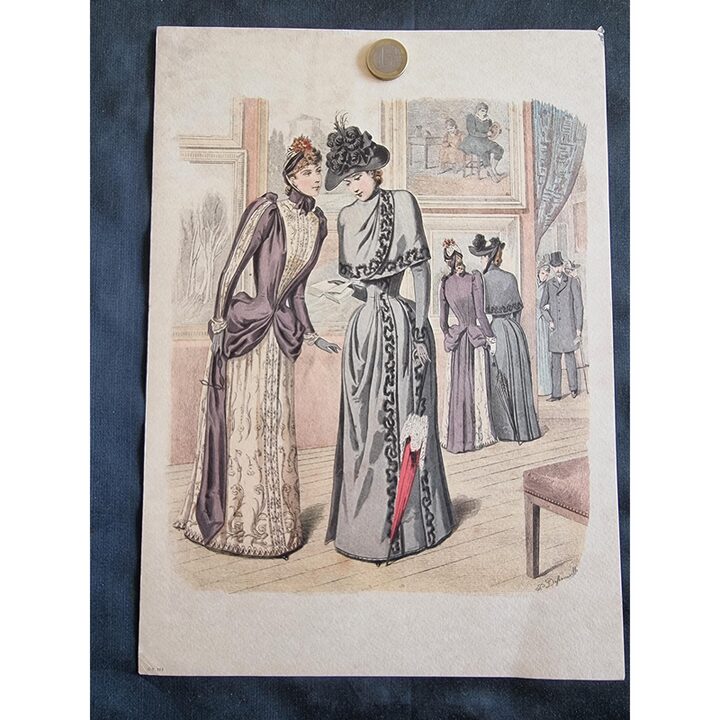 Litografia de Moda Francesa Antiga, Gravura Belle Epoque J Deferneville Colorida à Mão, Ilustração Senhoras em Galeria de Arte,…