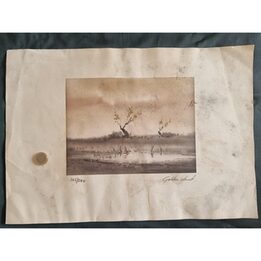 Litografia vintage Golden Land, edycja limitowana numerowana 165 z 500, minimalistyczny krajobraz w sepii, dekoracja do gabinetu