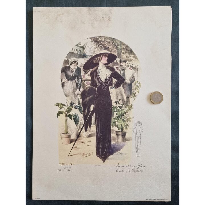 Litografía de Moda Antigua Henri Bouclet La Femme Chic Lámina 101 Au Marche aux Fleurs París Década 1910 Traje Eduardiano Decor…