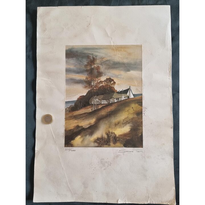 Лимитированная Литография Shadow Trees, Номерной Графический Лист 373/500, Ретро Пейзаж для Декора Интерьера Мид Сенчури