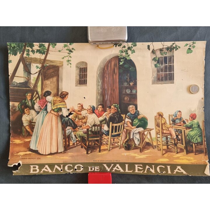 Cartel litográfico antiguo Banco de Valencia, La Paella de Manuel Diago, Andreu y Santamans Alboraya Valencia 1896, 48x32 cm