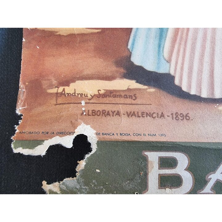 Antike Lithographie Poster Banco de Valencia, La Paella Manuel Diago, Andreu y Santamans Alboraya Valencia 1896, 48x32 cm