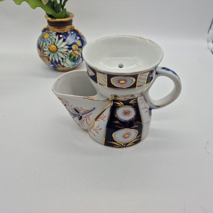 Antieke Scheermok van Porselein, Victoriaanse Staffordshire Kobaltblauw Imari Patroon Scheerbeker, Heren Verzorging 11 cm