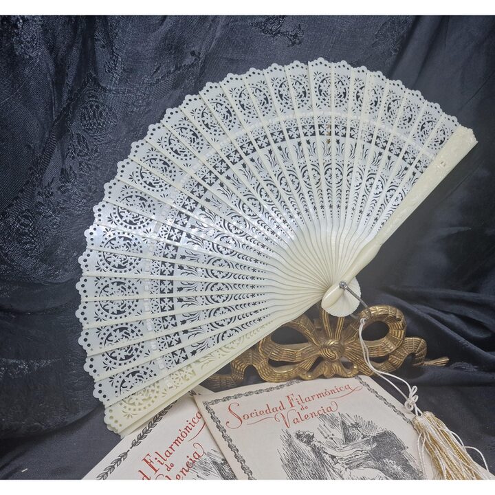 Vintage Handwaaier Abanico Spaanse Kant Witte Trouwwaaier Celluloid Bruidsaccessoire Valencia Jaren 1950 met Doos