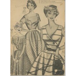 Hiszpański Magazyn Mody z lat 50. Katalog z Ilustracjami Wykrojów Krawieckich, Wzory Sukienek w Stylu Mid Century, Efemery Vint…