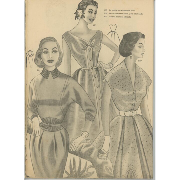 Spanisches Modemagazin 1950er Jahre Katalog mit Schnittmuster Illustrationen, Mid Century Stil Damenkleider Designs Vintage Eph…