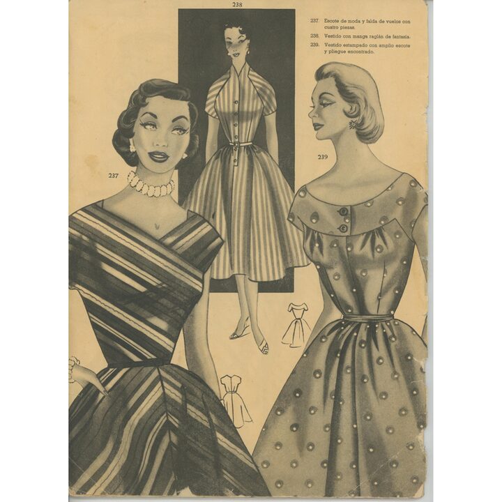 Spanisches Modemagazin 1950er Jahre Katalog mit Schnittmuster Illustrationen, Mid Century Stil Damenkleider Designs Vintage Eph…