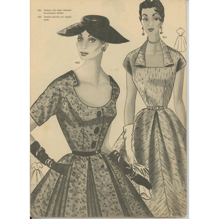 Spanisches Modemagazin 1950er Jahre Katalog mit Schnittmuster Illustrationen, Mid Century Stil Damenkleider Designs Vintage Eph…