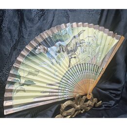 手描き木製扇子 ミッドセンチュリー猟犬モチーフ 両面絵入り 修復用・装飾用骨董扇子 23 cm