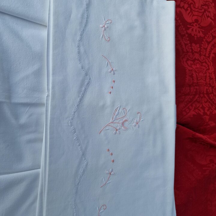 Komplet Pościeli Bawełnianej Vintage, Prześcieradło i Poszewka, Feston i Haft Kwiatowy 200x240 cm, Monogram, Lata 1970