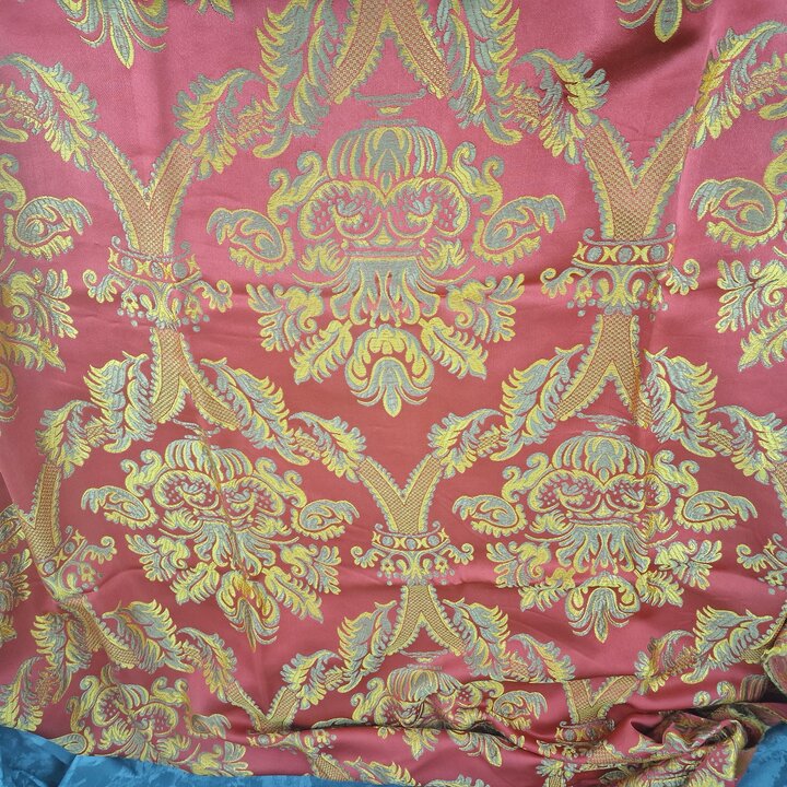 Vintage Valencian Silk and Viscose Jacquard Fabric - Red and Gold Damask Textile Fragment