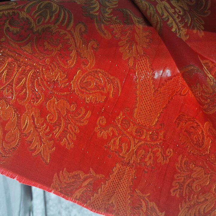 Vintage Valencian Silk and Viscose Jacquard Fabric - Red and Gold Damask Textile Fragment
