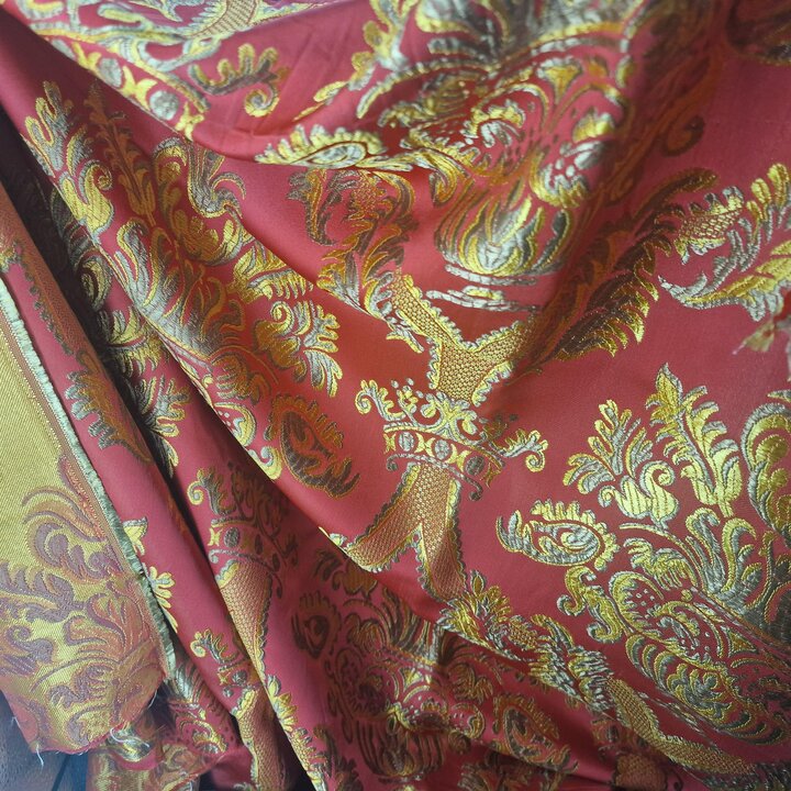Vintage Valencian Silk and Viscose Jacquard Fabric - Red and Gold Damask Textile Fragment
