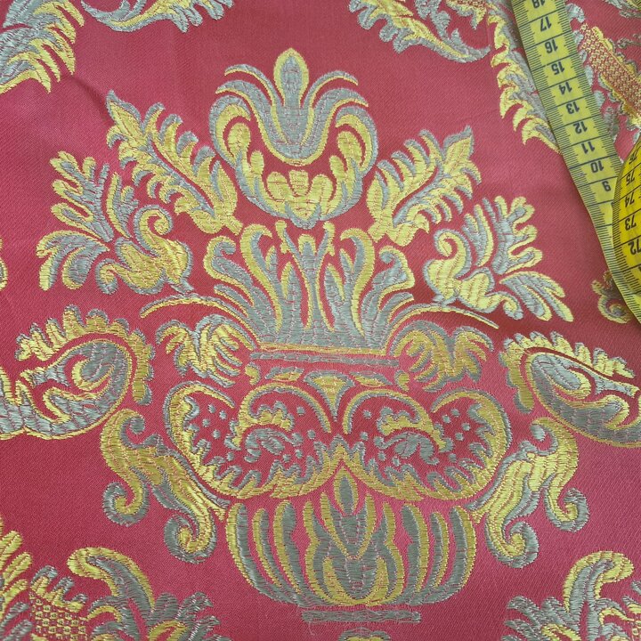 Vintage Valencian Silk and Viscose Jacquard Fabric - Red and Gold Damask Textile Fragment