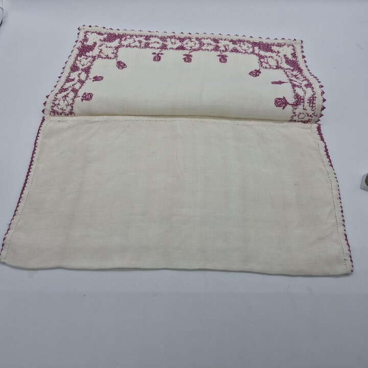 Handmade Linen Envelope, Vintage Hand Embroidered Handkerchief Case, Needlework Sachet Pouch, Cross Stitch Lace Border, 1950s