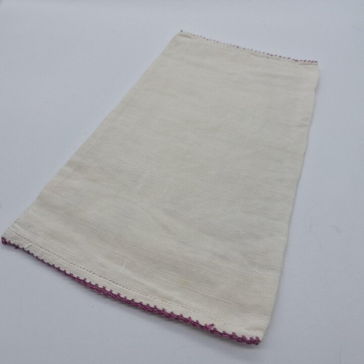 Handgemachter Leinenumschlag, Vintage handgestickte Taschentuchtasche, Handarbeitsbeutel, Kreuzstich Spitzenborte, 1950er