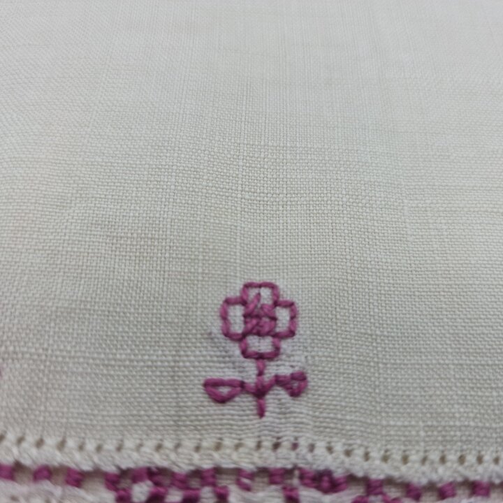 Handgemachter Leinenumschlag, Vintage handgestickte Taschentuchtasche, Handarbeitsbeutel, Kreuzstich Spitzenborte, 1950er