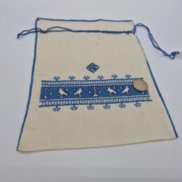 Vintage Bestickter Beutel, Leinen Geschenkbeutel mit Kordelzug, Handarbeit Kreuzstich Säckchen mit Geometrischem Volkskunstmuste
