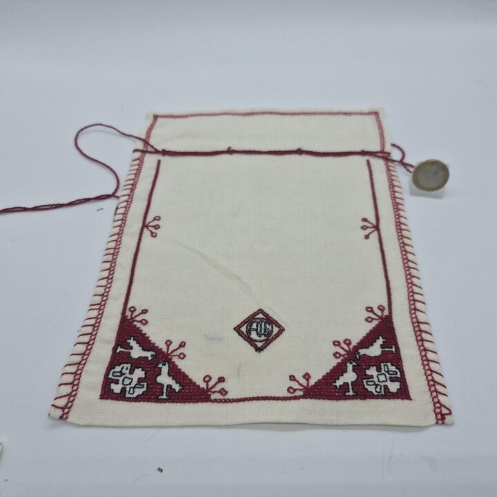 Vintage Embroidered Linen Pouch and Sleeve Case Set, Handcrafted Monogrammed Textile Bags, Set of 2, 1970s
