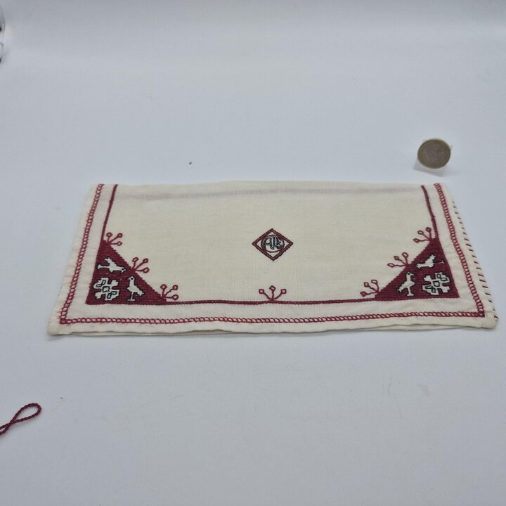 Vintage Embroidered Linen Pouch and Sleeve Case Set, Handcrafted Monogrammed Textile Bags, Set of 2, 1970s
