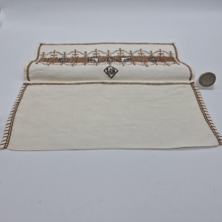 Set di Sacchetto e Custodia in Lino Ricamato Vintage, Borse in Tessuto Fatte a Mano con Monogramma, Set di 2, Anni 1970