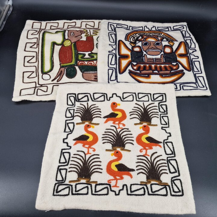 Peruvian Hand Embroidered Pillow Case 15x15 Peru Folk Art Wool Embroidery Nazca Inca Tumi Motif Ethnic Boho Decor Colorful Cushi