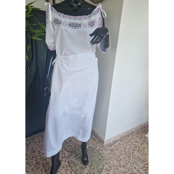 Camisola Vintage de Algodão Anos 60, Roupa de Dormir Branca com Renda Roxa, Lingerie Feminina Nova, Tamanho M a L