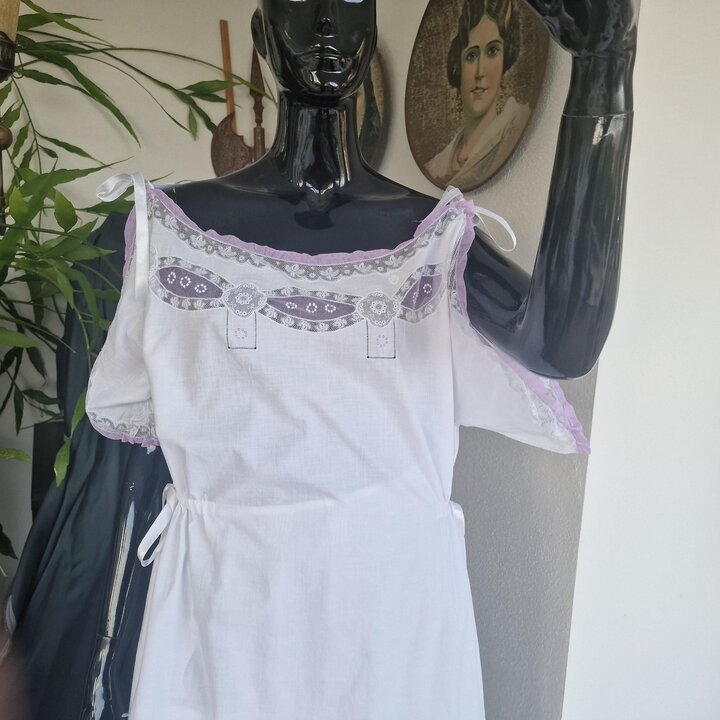 Camisón Vintage de Algodón Años 60, Ropa de Dormir Blanca con Encaje Violeta, Lencería de Mujer Nueva, Talla M a L