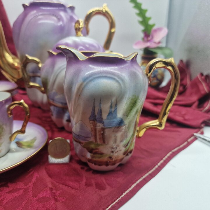 Porcelanowy Serwis do Kawy Albert Pillivuyt Limoges dla Gonzalez Hermanos Alicante, 19 Elementow Fioletowy Recznie Malowany