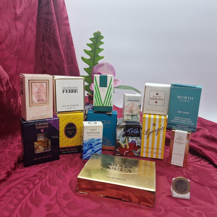 Collezione di 14 Miniature di Profumo Vintage, Dior, Cacharel, Lalique, Rochas, Salvador Dali, Scatole Originali, Anni 1980 e 19