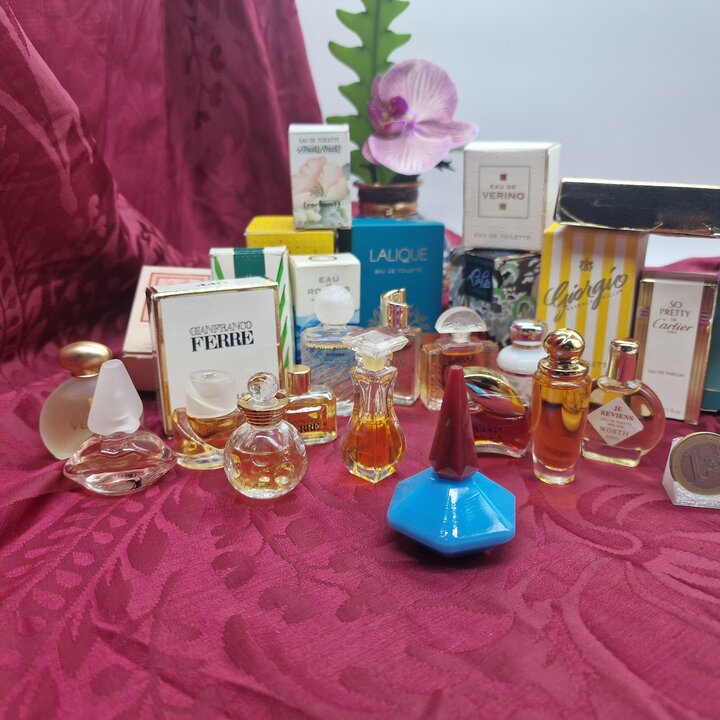 Collezione di 14 Miniature di Profumo Vintage, Dior, Cacharel, Lalique, Rochas, Salvador Dali, Scatole Originali, Anni 1980 e 19
