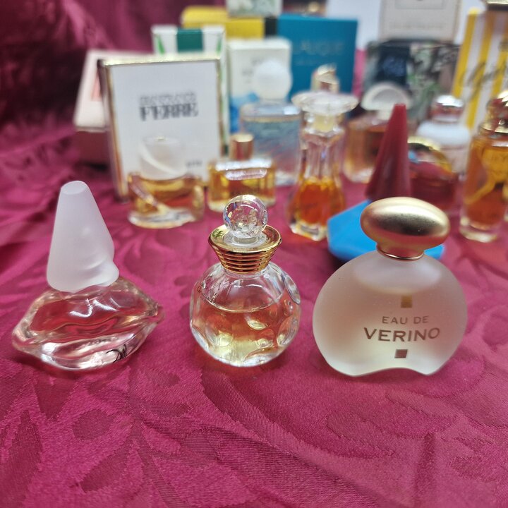 Collection of 14 Vintage Perfume Miniatures, Dior, Cacharel, Lalique, Rochas, Salvador Dali, Original Boxes Included, 1980s and 