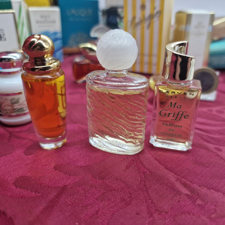 Collection of 14 Vintage Perfume Miniatures, Dior, Cacharel, Lalique, Rochas, Salvador Dali, Original Boxes Included, 1980s and 