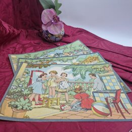 3 Poster Litografie Vintage, Stock Fabbrica Giocattoli Legno, Illustrazione Bambini, Set di 3, 25x19 cm, Anni 40 Mai Usato