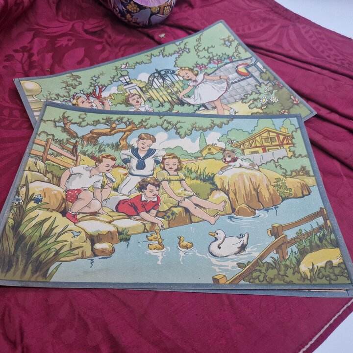 3 Poster Litografie Vintage, Stock Fabbrica Giocattoli Legno, Illustrazione Bambini, Set di 3, 25x19 cm, Anni 40 Mai Usato