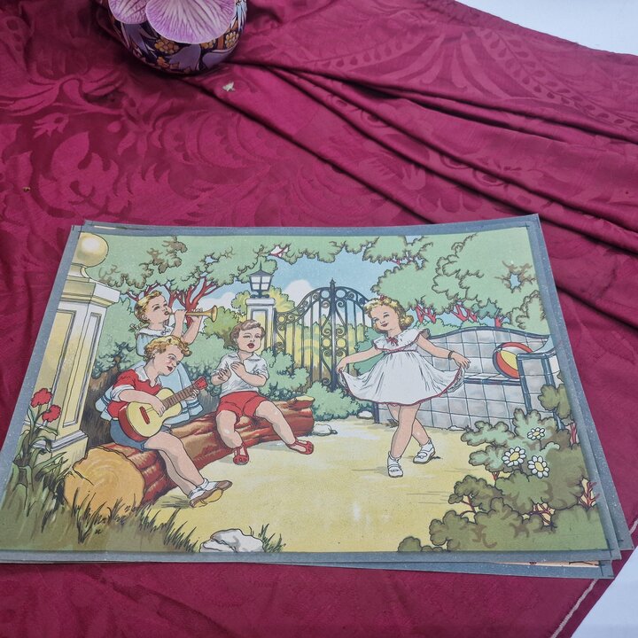 3 Posters Litografias Vintage, Estoque Fabrica de Brinquedos, Ilustracao Infantil, Conjunto de 3, 25x19 cm, Anos 40 Nao Usado