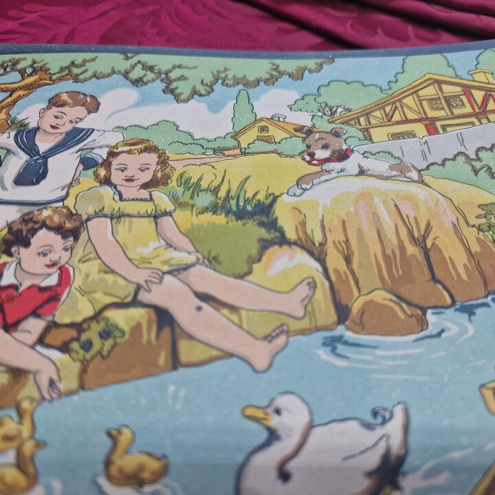 3 Poster Litografie Vintage, Stock Fabbrica Giocattoli Legno, Illustrazione Bambini, Set di 3, 25x19 cm, Anni 40 Mai Usato