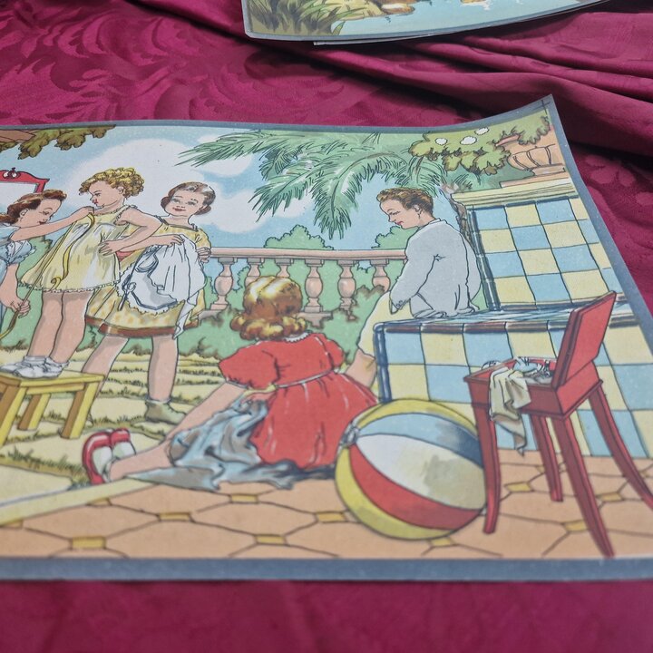 3 Poster Litografie Vintage, Stock Fabbrica Giocattoli Legno, Illustrazione Bambini, Set di 3, 25x19 cm, Anni 40 Mai Usato