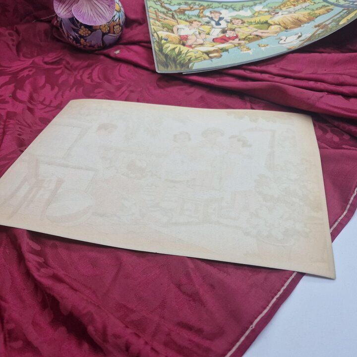 3 Poster Litografie Vintage, Stock Fabbrica Giocattoli Legno, Illustrazione Bambini, Set di 3, 25x19 cm, Anni 40 Mai Usato