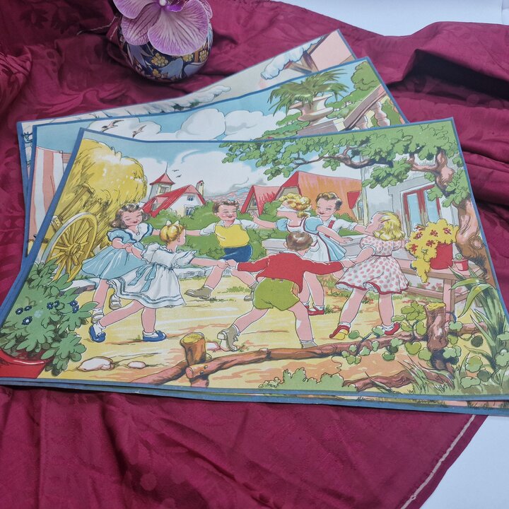 Vintage Rycin dla Dzieci, Plakaty Litografie, Archiwum Fabryki Zabawek, Ilustracje Cztery Pory Roku, Zestaw 4 Sztuk, Lata 40